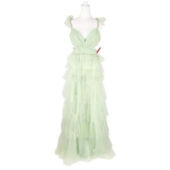 NWT Mac Duggal Mint Ruffle Tiered Tulle Cut Out Gown, Style 60670 - Picture 3 of 15